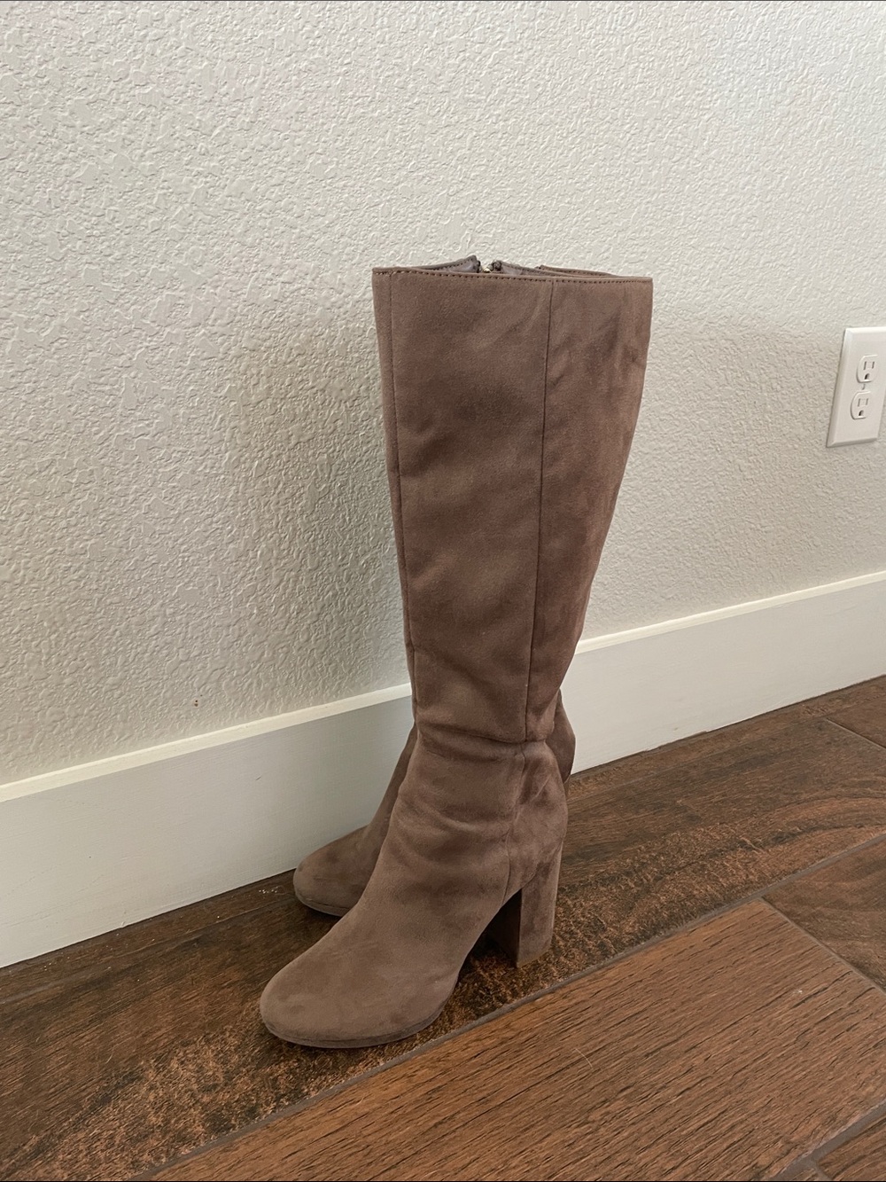 Tall Taupe Suede Block-Heel Knee Boot